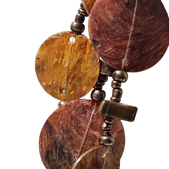 Handmade Boho Natural Shell Discs Bronze Beaded Necklace Multi Strand Jewelry - Picture 3 of 9